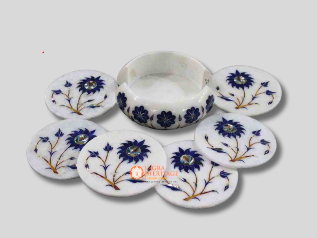 Marble White Lapis Floral Dining Table Coaster Set